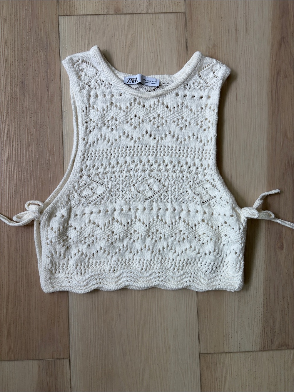 ZARA Cream Eyelet Knit Tie-Side Crop Top